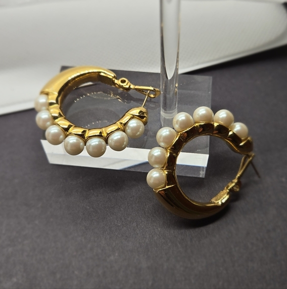 Monet Gold Tone Pearl Hoop Earrings - Picture 10 of 16